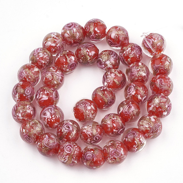 

PandaHall Handmade Gold Sand Lampwork Beads, Inner Flower, Round, Red, 12~12.5x10.5~12mm, Hole: 1.5~2mm Lampwork Round Red
