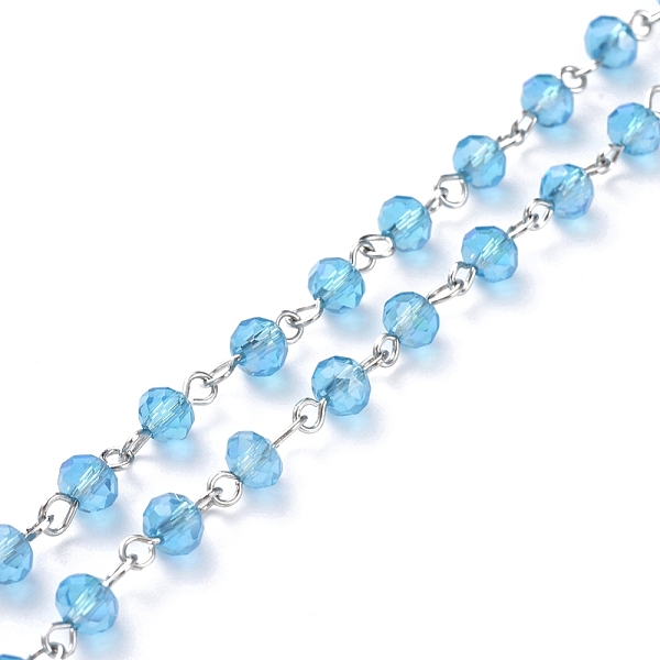

PandaHall Handmade Electroplate Glass Beaded Chains, with Platinum Plated Iron Eye Pin, Unwelded, Deep Sky Blue, 39.37 inch(100cm), Beads...