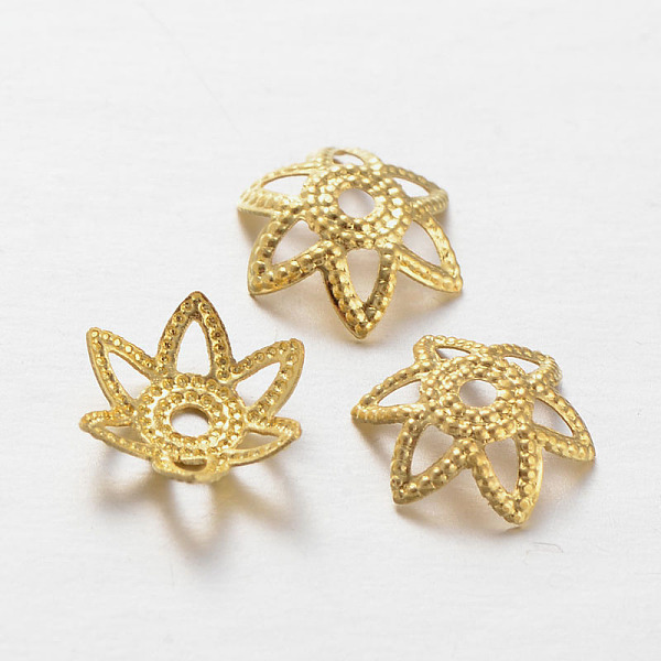 

PandaHall Brass Flower Bead Caps, Fancy Bead Caps, 6-Petal, Golden, 7x2mm, Hole: 1mm Brass