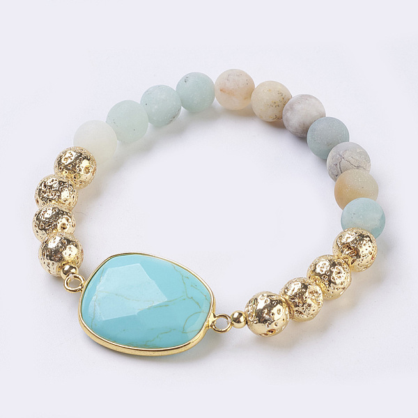 

PandaHall Electroplated Natural Lava Rock and Natural Frosted Amazonite Stretch Bracelets, Round & Trapezoid, Golden, 2.08 inch(5.3cm)...