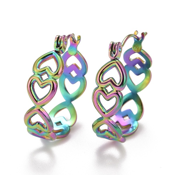 

PandaHall Ion Plating(IP) Rainbow Color Hollow Heart 304 Stainless Steel Hoop Earrings for Women, 21.5x20x6mm, Pin: 0.6mm 304 Stainless...