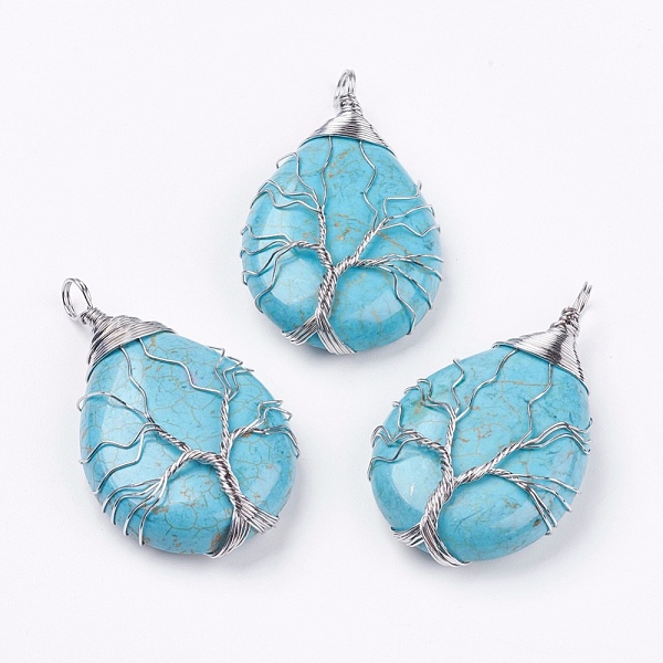 

PandaHall Synthetic Turquoise Big Pendants, teardrop, Brass Wire Wrapped Pendants, Platinum, 50~55x31x11mm, Hole: 5mm Synthetic Turquoise...