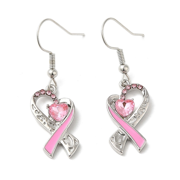 

PandaHall October Breast Cancer Pink Awareness Ribbon Alloy Dangle Earrings with Rhinestone, Platinum, 40x11.5mm Rhinestone Heart