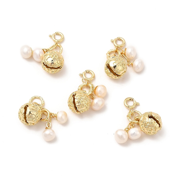 

PandaHall Brass Bell Spring Ring Clasp Charms, with Natural Pearl Round Beads, Real 14K Gold Plated, 25mm, Bead: 25x5.5mm, Bell: 23x9.5mm...