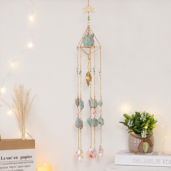 

PandaHall Glass Teardrop Pendant Decorations, Hanging Suncatchers, with Metal Lotus Link and Natural Amazonite Chips, Iron Findings, for..., White