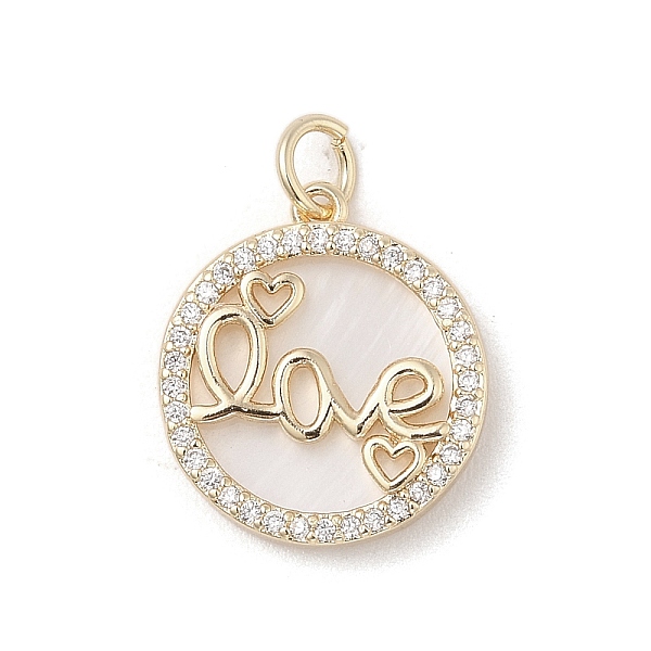 

PandaHall Brass Micro Pave Clear Cubic Zirconia Pendants, with Natural White Shell and Jump Ring, Real 18K Gold Plated, Flat Round, Word...