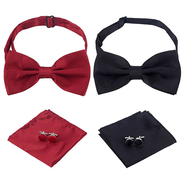 2 Bags 2 Colors Polyester Mens Bow Tie  Cufflink  Handkerchief Sets