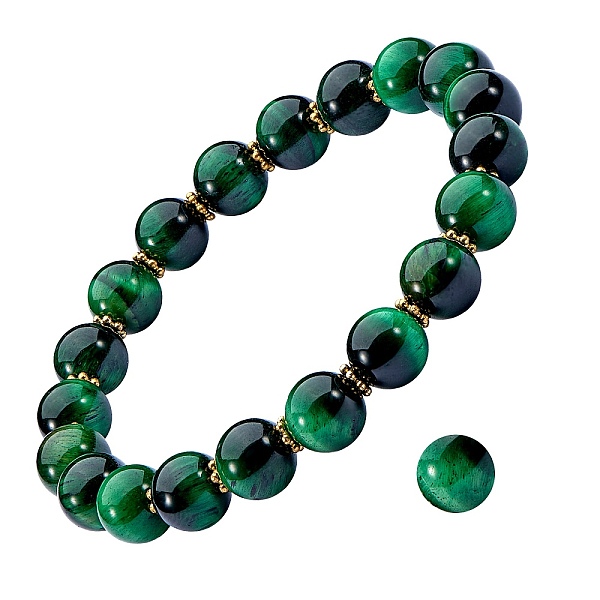 PandaHall Natural Tiger Eye Round Beads Stretch Bracelet, Stone Bracelet with Alloy Daisy Spacer Beads for Women, Green, Inner Diameter: 2...