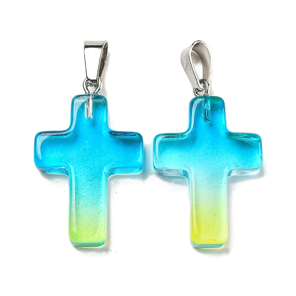 

PandaHall Glass Pendant, with Platinum Iron Findings, Cross Charms, Deep Sky Blue, 29x18x5.5mm, Hole: 7x3.5mm Iron+Glass Cross