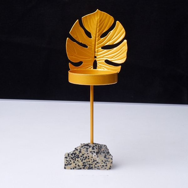 

PandaHall Rough Raw Natural Dalmatian Jasper Base Candle Holder, Leaf Candlesticks for Wedding Decoration, Tray: 55mm Dalmatian Jasper Leaf