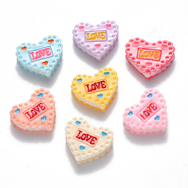 PandaHall Resin Decoden Cabochons, for Valentine's Day, Heart Shaped Biscuit, with Word LOVE, Mixed Color, 16x19x5~6mm Resin Food Multicolor