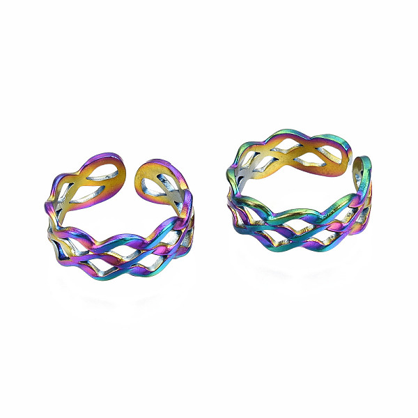 

PandaHall Hollow Wide Cuff Rings, Rainbow Color 304 Stainless Steel Open Rings for Women, US Size 8 1/4(18.3mm) 304 Stainless Steel
