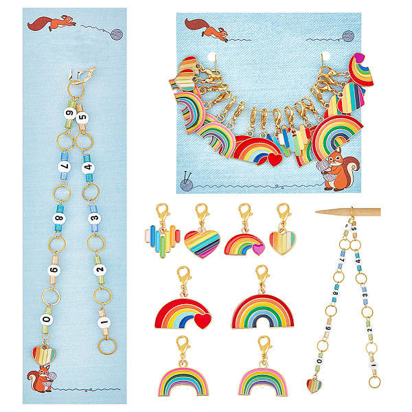 

PandaHall Knitting Row Counter Chains & Locking Stitch Markers Kits, with Rainbow & Heart Alloy Enamel Pendant and Acrylic Beads, Mixed..., Multicolor