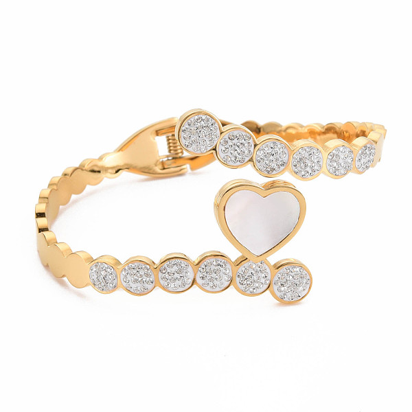 

PandaHall Natural Shell Heart Open Cuff Bangle, Stainless Steel Hinged Bangle with Polymer Clay Rhinestone for Women, Golden, Inner Diameter...
