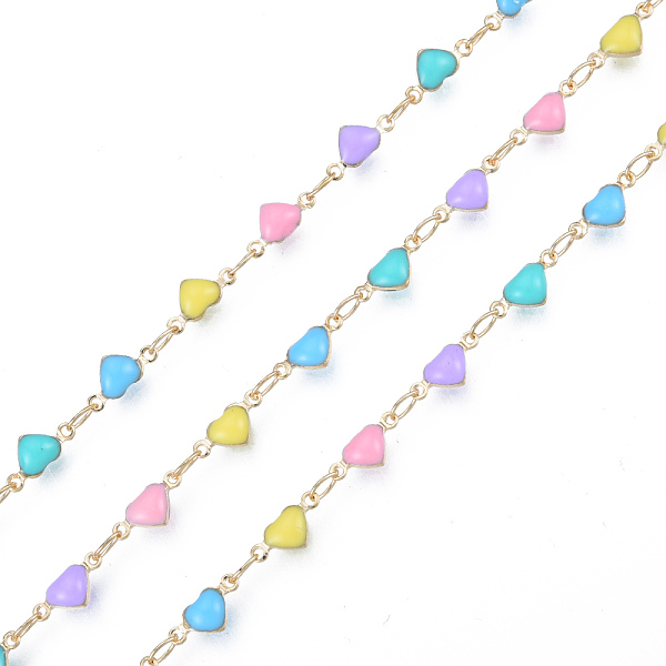 

PandaHall Handmade Brass Enamel Heart Link Chains, Unwelded, with Spool, Golden, Nickel Free, Colorful, 4x9x3mm, 4x2x0.5mm, about 16.40 Feet...