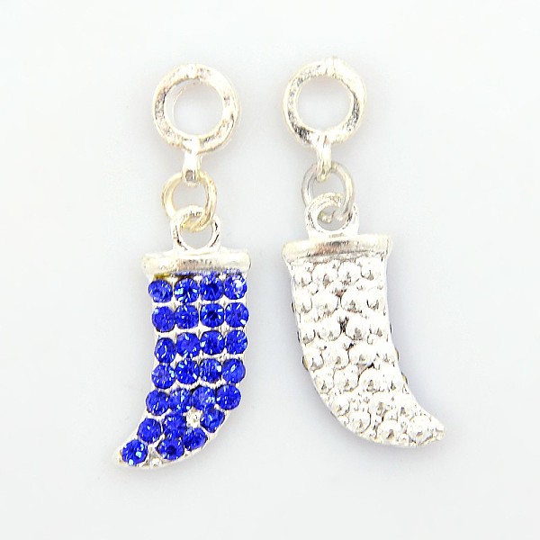 

PandaHall Silver Color Plated Alloy Rhinestone European Dangle Charms, Italian Horn European Pendants, Sapphire, 34mm, Hole: 4.5mm, Horn...