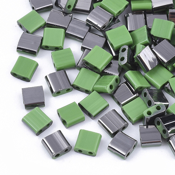 

PandaHall 2-Hole Glass Seed Beads, Half Gunmetal Plated Colours, Square, Light Green, 5x4.5~5.5x2~2.5mm, Hole: 0.5~0.8mm, about 118pcs/10g...