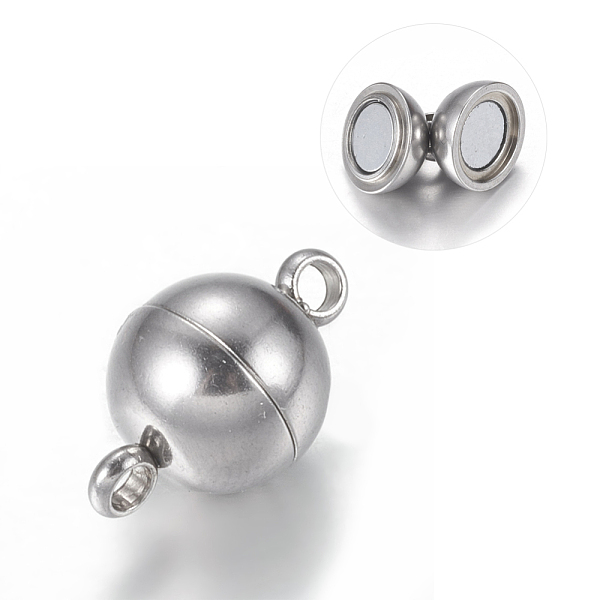 

PandaHall 304 Stainless Steel Magnetic Clasps with Loops, Round, Stainless Steel Color, 14x8mm, Hole: 2mm 304 Stainless Steel Round