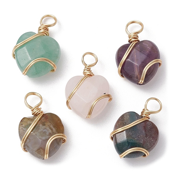 

PandaHall Natural & Synthetic Mixed Gemstone Coppwer Wire Wrapped Pendants, Faceted Heart Charms, Golden, 15~16x10~10.5x5.5~6mm, Hole...