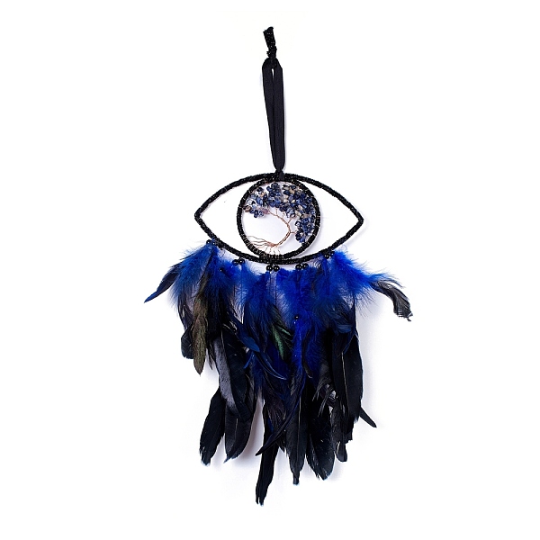 

PandaHall Handmade Eye & Tree of Life Woven Net/Web with Feather Wall Hanging Decoration, with Plastic Beads & Copper Wire & Sodalite Chip...