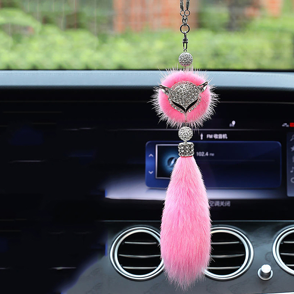 PandaHall Faux Fox Fur & Rhinestone Fox Pendant Decoration, for Car Rear View Mirror Hanging Decoration, Pearl Pink, 370mm Fibre Fox