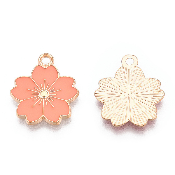 

PandaHall Alloy Enamel Pendants, Sakura Flower, Light Gold, Salmon, 20.5x17.5x1.5mm, Hole: 2mm Alloy+Enamel Flower Red