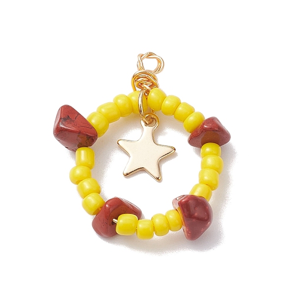 

PandaHall Natural Red Jasper Chips & Glass Seed Pendants, with 304 Stainless Steel Loops, Ring with Star Charms, 28~30x22~25x6~8mm, Hole..., Yellow