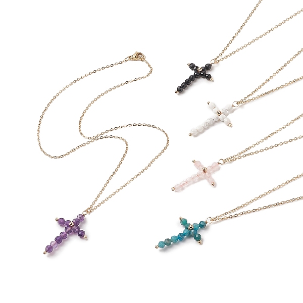

PandaHall Natural Mixed Gemstone Beaded Cross Pendant Necklace, Golden 304 Stainless Steel Jewelry for Women, 17.72 inch(45cm) Mixed Stone