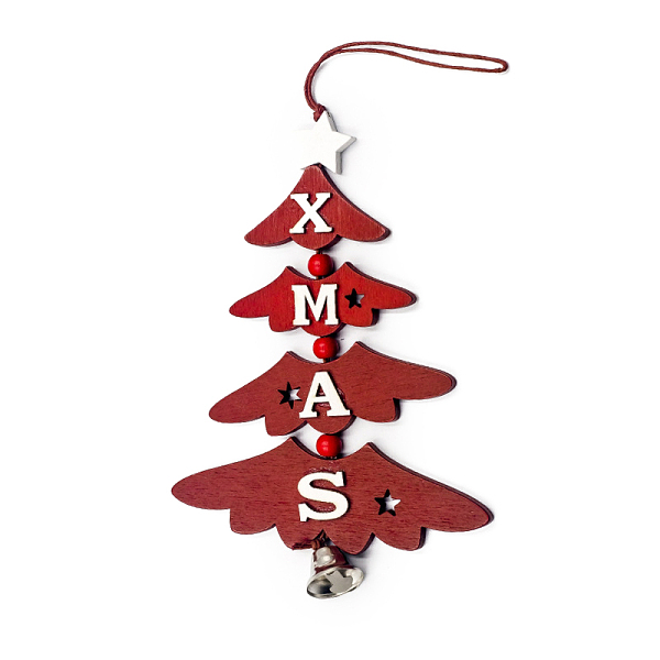 PandaHall Christmas Tree with Word XMAS Creative Wooden Bell Door Hanging Decorations, for Christmas Decorations, FireBrick, 150x105mm Wood...