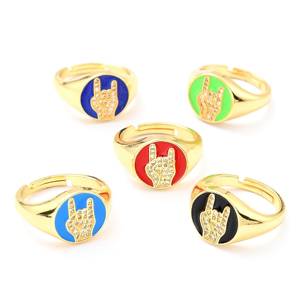 

PandaHall Adjustable Real 18K Gold Plated Brass Enamel Finger Ringss, with Clear Cubic Zirconia, Flat Round with Gesture Language, I Love..., Multicolor