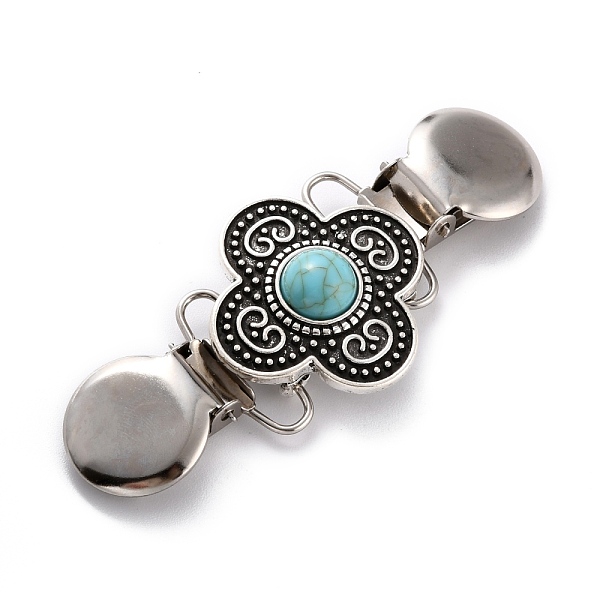 

PandaHall Vintage Alloy Cardigan Clips, Sweater Collar Clip, with Turquoise, Flower, Antique Silver, Turquoise, 92mm Alloy Green