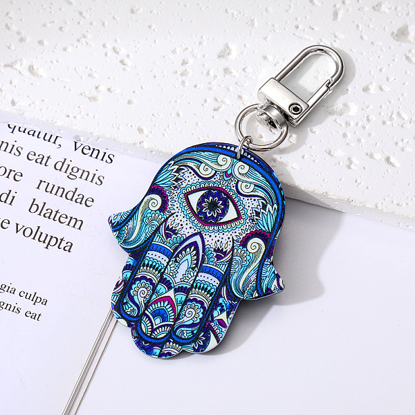 PandaHall Retro Ethnic Tribal Style Alloy Pendant Decoration, Painted Hamsa Hand with Evil Eye, Royal Blue, 8.8x4.5cm Alloy Hamsa Hand