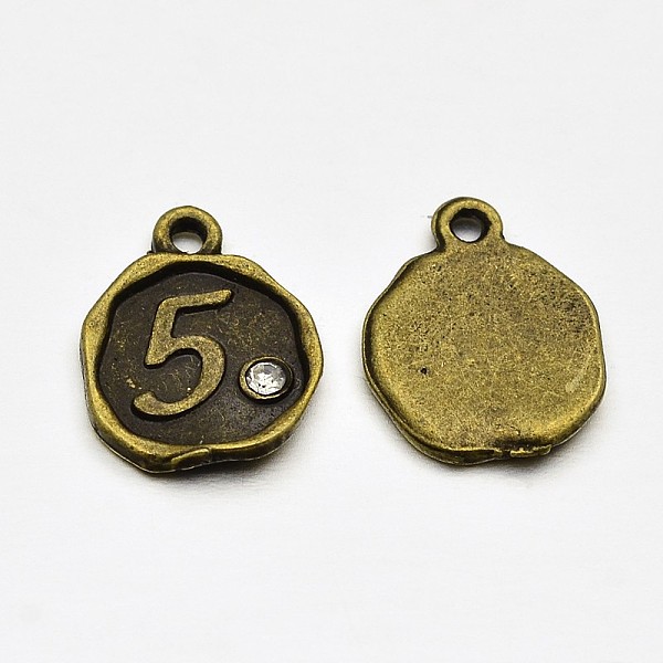 

PandaHall Antique Bronze Plated Alloy Rhinestone Charms, Flat Round with Num.5, Nickel Free, 13x10x1.5mm, Hole: 1mm Alloy+Rhinestone Number..., Clear