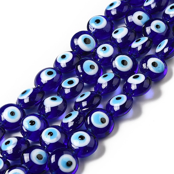 

PandaHall Handmade Evil Eye Lampwork Beads Strands, Flat Round, Blue, 12.5x7.5mm, Hole: 1.6mm, about 33pcs/strand, 15.12''(38.4cm) Lampwork...
