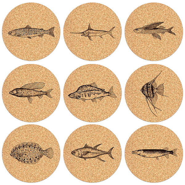 PandaHall BENECREAT Fish Wooden Coasters Set of 9, 0.2x4inch Fish Pattern Drink Coasters Flat Round Cup Mats for Tea Coffee Cup Mug Home...