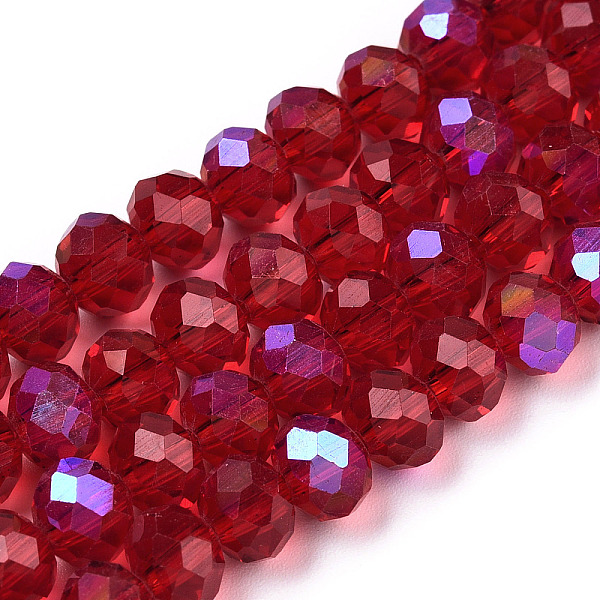 

PandaHall Electroplate Glass Beads Strands, Half Rainbow Plated, Faceted, Rondelle, FireBrick, 10x8mm, Hole: 1mm, about 63~65pcs/strand..., Red