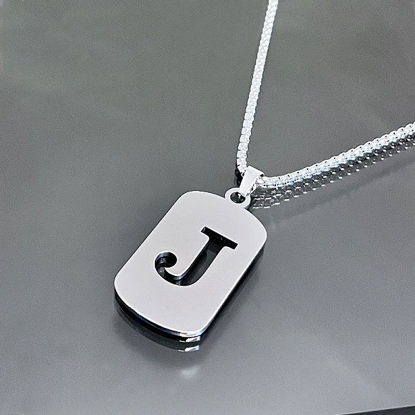 

PandaHall Titanium Steel Box Chain Necklaces, Rectangle with Letter J Pendant Necklaces Stainless Steel Letter J