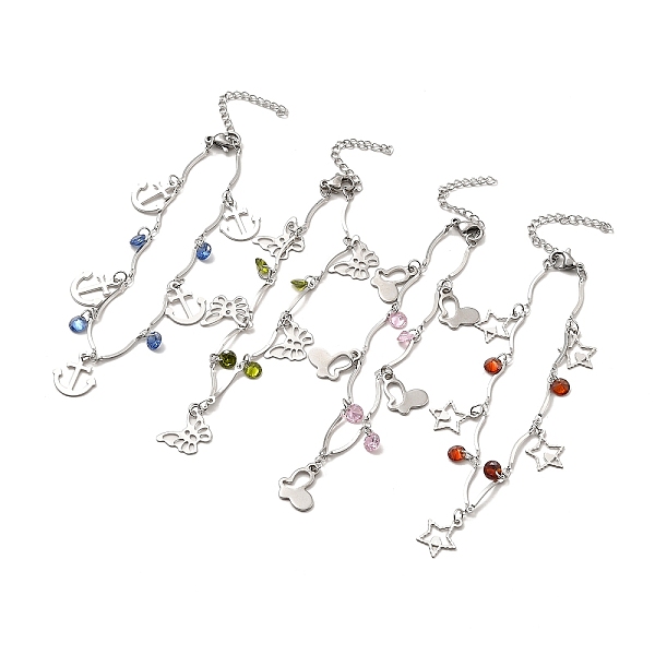 

PandaHall Cubic Zirconia & 304 Stainless Steel Charm Bracelet with Bar Link Chains for Women, Stainless Steel Color, Mixed Patterns, Pendant..., Multicolor