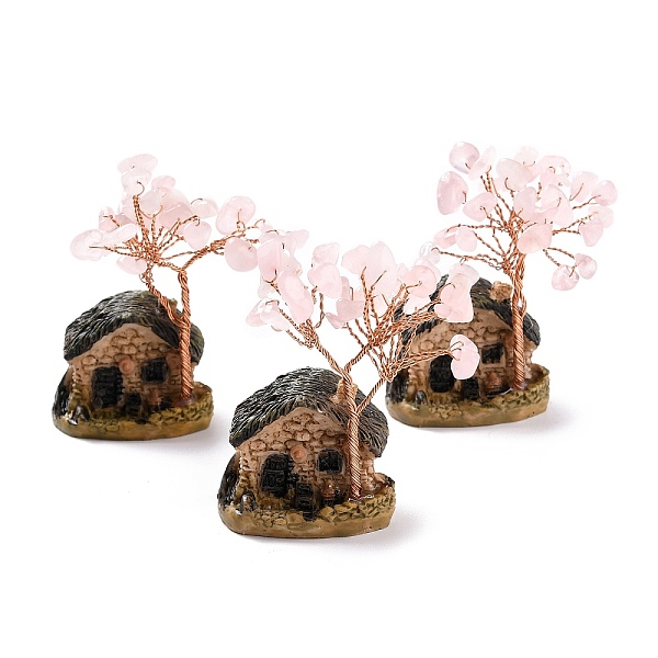 PandaHall Resin & Natural Rose Quartz Model Ornament, House & Trees, Reiki Spiritual Energy Tree, for Desk Home Decoration...