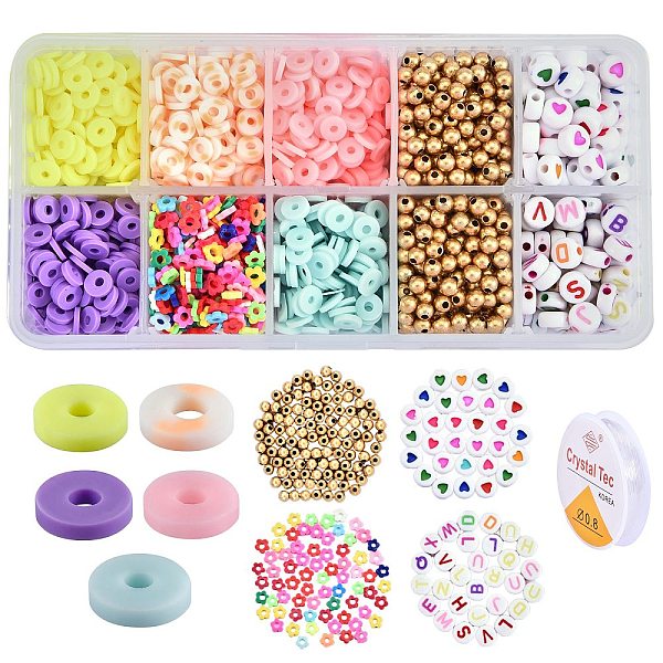 

PandaHall 1633Pcs Disc/Flat Round & Flower Polymer Clay Beads, 160Pcs Flat Round with Heart & Letter Acrylic Beads, 600Pcs Round Plastic..., Multicolor