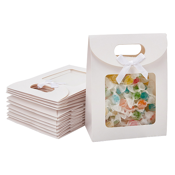 

PandaHall Rectangle Kraft Paper Gift Bags, with Bowknot and Clear Window, White, 16x6.2x15.5cm Paper None White