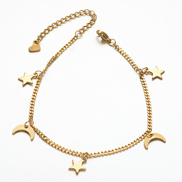 

PandaHall 304 Stainless Steel Moon & Star Charm Bracelets, with Lobster Claw Clasps and Extender Chains with Heart Charm, Faceted, Golden...