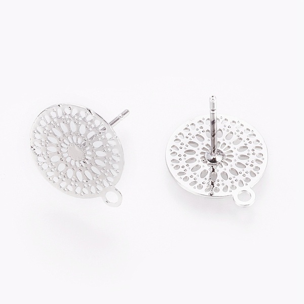 

PandaHall Brass Stud Earring Findings, with Loop, Flat Round with Flower, Real Platinum Plated, 14x12x0.3mm, Hole: 1.4mm, Pin: 0.7mm Brass...