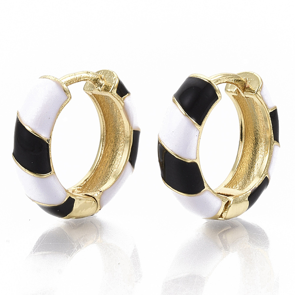 

PandaHall Brass Huggie Hoop Earrings, with Two Tone Enamel, Real 18K Gold Plated, Black, 16x16.5x5mm, Pin: 1x1mm Brass Black
