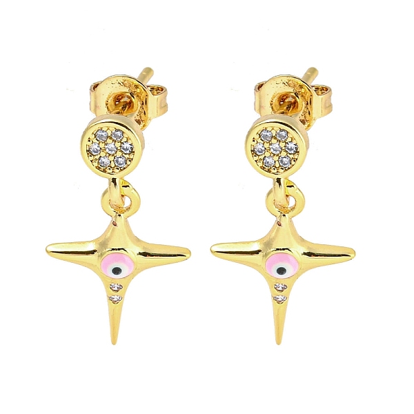 

PandaHall Star Real 18K Gold Plated Brass Dangle Stud Earrings, with Enamel and Cubic Zirconia, Pink, 20x10.5mm Cubic Zirconia Star Pink