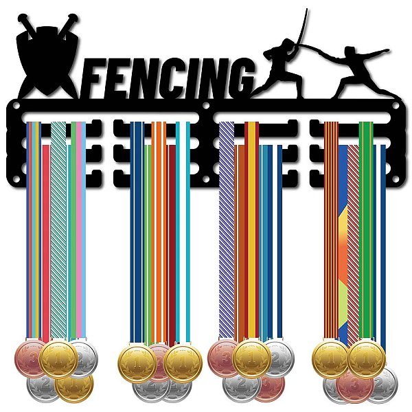 

PandaHall Sports Theme Iron Medal Hanger Holder Display Wall Rack, 3-Line, with Screws, Fencing, Sports, 130x290mm Iron Sports Black