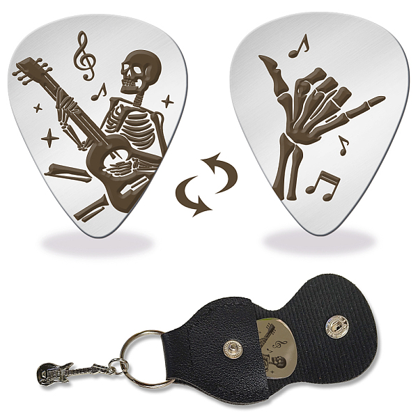 

PandaHall Double-side Laser 201 Stainless Steel Guitar Picks, with Black PU Leather Guitar Picks Holder, Plectrum Guitar Accessories, Skull...