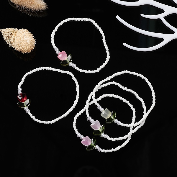 Stretch-Armband Aus Glassamen Und Bunte Malerei-Tulpenperlen