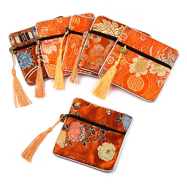PandaHall Chinese Brocade Tassel Zipper Jewelry Bag Gift Pouch, Square with Flower Pattern, Dark Orange, 11.5~11.8x11.5~11.8x0.4~0.5cm Cloth...