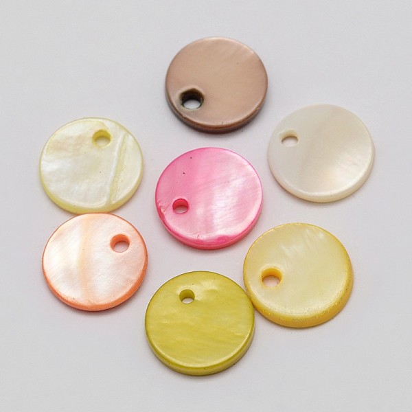 

PandaHall Dyed Shell Flat Round Pendant, Mixed Color, 10x2mm, Hole: 1mm, 500pcs/bag Shell Flat Round Multicolor